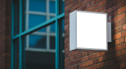 Illuminated square sign mockup on a brick wall near a window with blue frames in the background