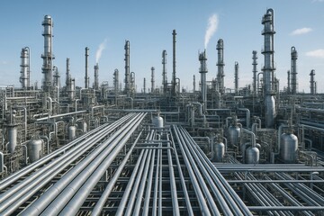Massive futuristic industrial refinery complex with intricate pipe systems and tall distillation towers under clear blue sky. Ai generative. Ai generative