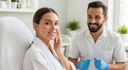 Obraz premium Young woman with perfect skin smiling and touching face, ready for cosmetic procedure while happy beautician stands near. Beauty salon, spa treatment, concept.