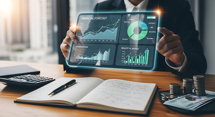 Business person analyzing holographic financial data charts and graphs on a tablet in a modern office setting