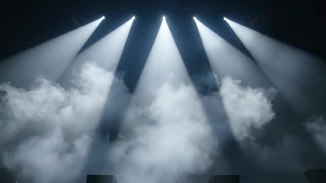 Powerful focused white spotlights cutting through heavy theatrical smoke and appearing suspended in the dense atmospheric air mystery, conceptual, fog