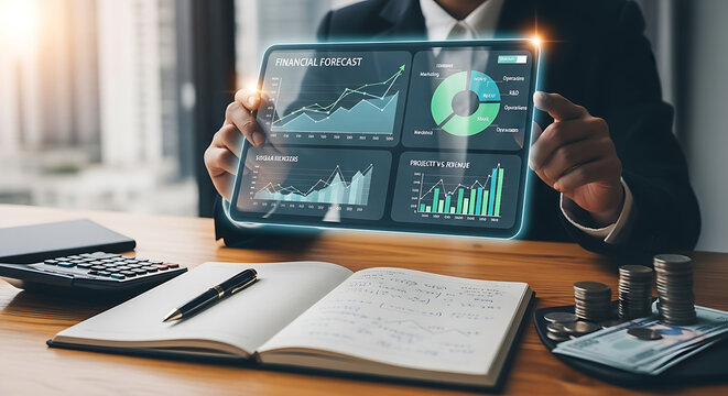 Business person analyzing holographic financial data charts and graphs on a tablet in a modern office setting