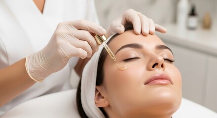 Woman gets facial serum applied for skin care treatment at beauty salon. Cosmetology procedure for healthy and glowing dermis. Hydrating and anti-aging concept.