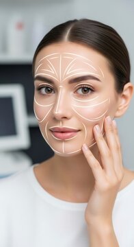 Woman with cosmetic thread lift marks on face for facial rejuvenation and anti-aging procedure. Aesthetics and beauty concept for skin care clinic.