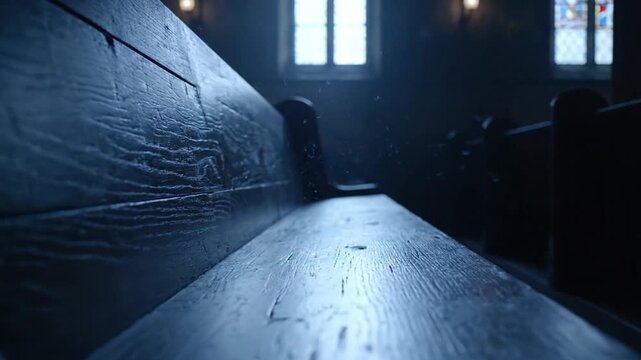 A detailed close-up shot of an old wooden pew inside a dark and tranquil church with sunlight illuminating floating dust particles in the air