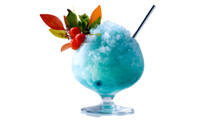 Refreshing blue cocktail with ice and fruit isolated on transparent background