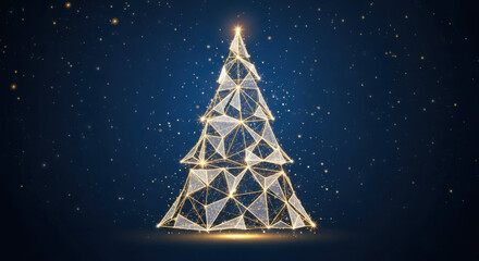 Abstract geometric christmas tree illuminated against a starry night sky
