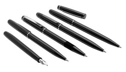 Sleek black pens arranged against a black background. Varying tip styles shown