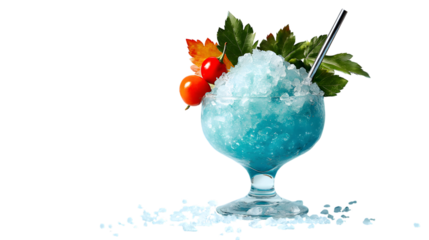 Refreshing blue cocktail isolated on transparent background with garnish