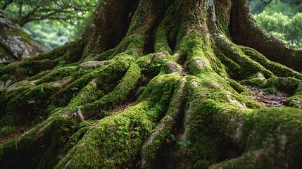 A close-up of the ancient, gnarled roots of a large tree firmly gripping the earth, covered in moss, symbolizing foundation, stability, and connection to nature
