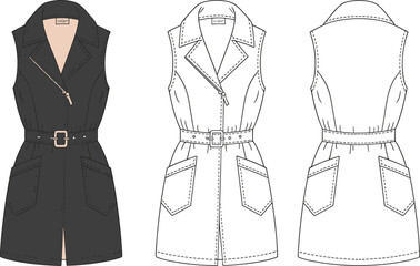 Sleeveless trench dress fashion illustration, asymmetrical zipper, belted waist, patch pockets, CAD drawing flat vector illustration