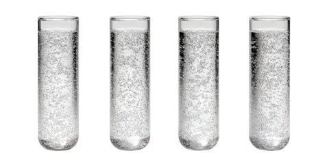 Four glasses of sparkling water isolated on transparent background