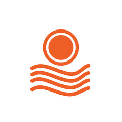 Orange line art icon with a stylized sun above calm waves, perfect for summer, beach, water, and weather themes in a modern vector design