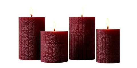 Four burgundy candles with lit wicks isolated on transparent background