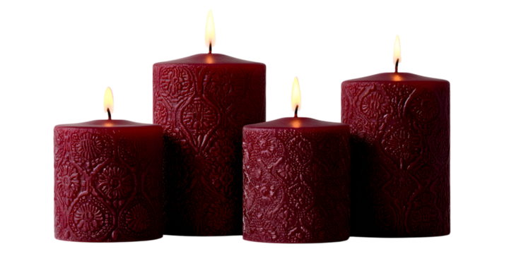Four burgundy candles with flickering flames isolated on transparent background