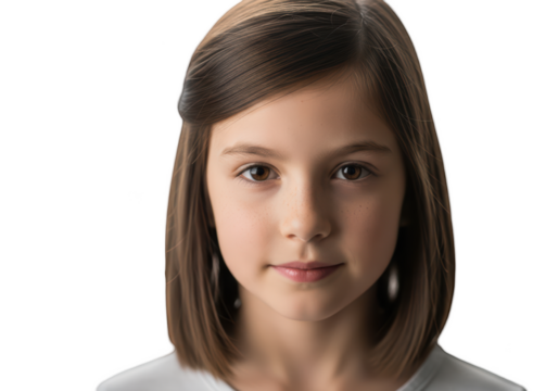 A portrait of a young woman with long brown hair and freckles, bangs, brown, brunette, earring, eye, face, freckle, girl, hair, portrait, shirt, smile, stare, white, woman 