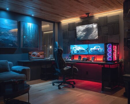 Ultimate Gaming Setup with RGB PC and Acoustic Panels