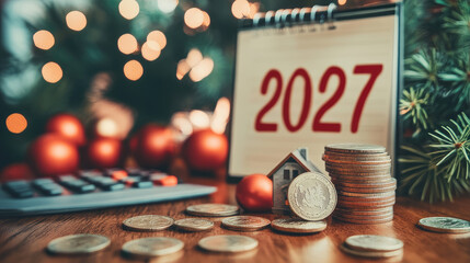 Creative composition featuring small house model, New Year 2025 numbers with pile of golden coins on a wooden table, symbolizing financial planning, wealth management,economic goals the upcoming year