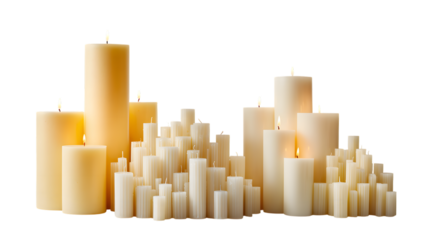 Group of lit candles isolated on transparent background