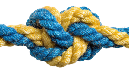 Close-up of a strong brown nautical rope with a twisted knot isolated on a white background