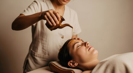 Woman receiving shirodhara ayurvedic treatment with warm oil poured on forehead. Relaxing spa procedure for stress relief and well-being.