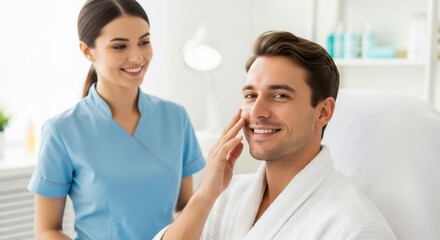 Woman cosmetologist applying facial cream on man face. Skincare treatment and cosmetic procedure for men at beauty salon. Male grooming and healthy skin.
