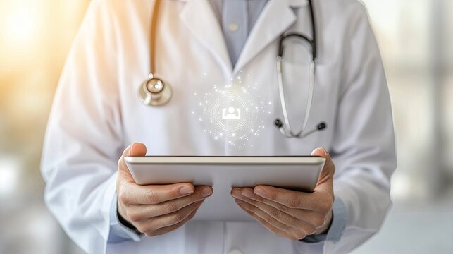 Doctor in lab coat holds tablet