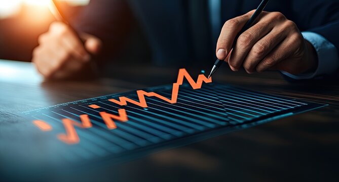 Stock chart on tablet, man points at upward trending line