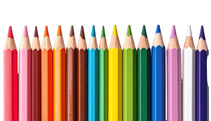 A spectrum of colored pencils aligned side-by-side against a stark black background