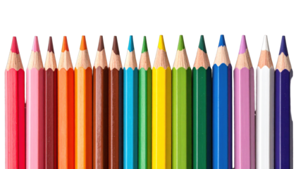 A spectrum of colored pencils aligned side-by-side against a stark black background