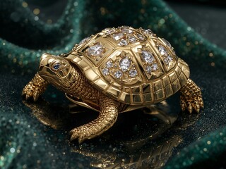 Golden Turtle Sculpture with Diamond Encrusted Shell on Emerald Fabric