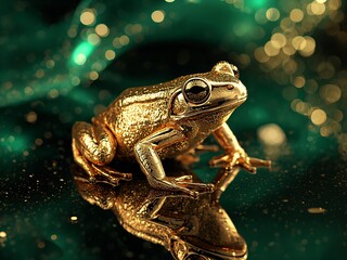 Elegant Golden Frog Sculpture with Reflections on Emerald Background