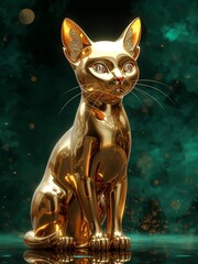 Elegant Golden Cat Sculpture with Intricate Ear Details on Emerald Background