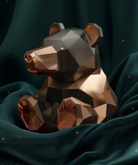 Elegant Geometric Bronze Bear Sculpture on Emerald Fabric Background