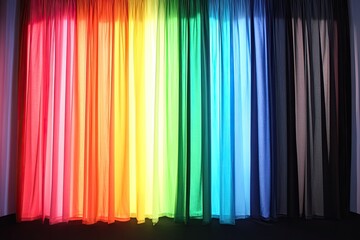 Rainbow curtain panels transition to monochrome darkness