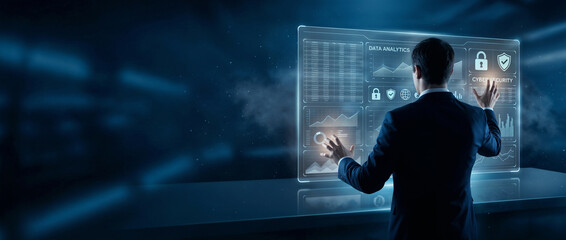Businessman Interacting with a Futuristic Holographic Interface for Data Security and Network Management