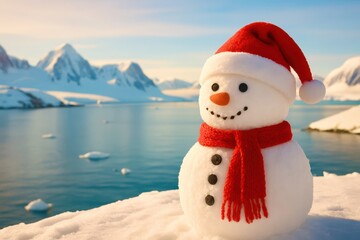 Obraz premium A snowman with a red scarf and a red hat