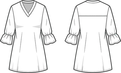 V-neck ruffle cuff blouse sketch, three-quarter sleeve, bust darts, front and back view, CAD drawing vector fashion template