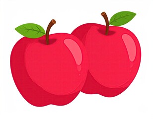 Two Red Apples with Green Leaves on White Background