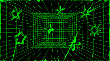 3D wireframe perspective grid room template design vector illustration background. Empty three dimensional virtual room perspective wireframe grid geometric sketch. Cyber virtual line interior frame