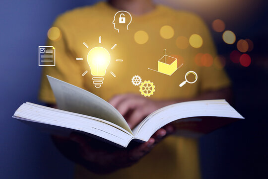 Reading concept with a man open book to study learning to get knowledge and seek academic knowledge to create creativity and always keep up to date