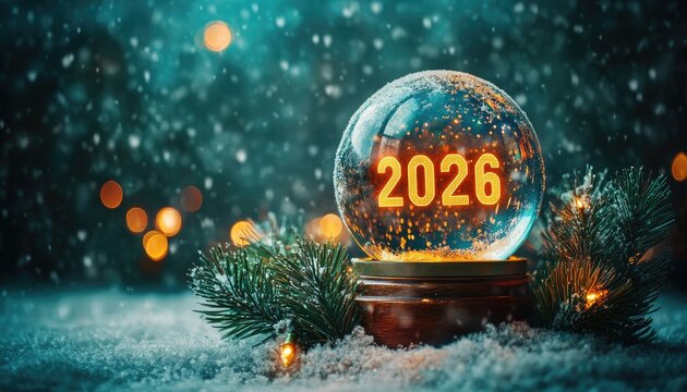 2026 glows inside snow globe on snowy, festive night