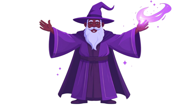 A robed wizard with a beard and staff conjures purple magic with outstretched arms