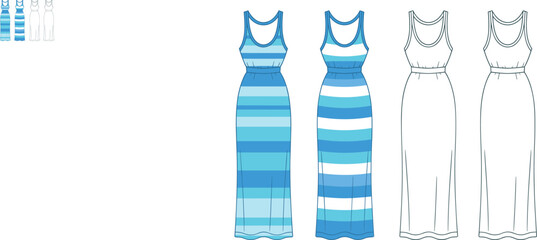 Sleeveless striped dress fashion illustration, scoop neck, fitted waist, multi-view layout, CAD drawing flat vector illustration