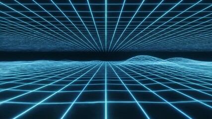 Seamless loop of a pulsing ethereal neon grid matrix structure stretching infinitely across a dark futuristic digital cyberspace environment virtual, communication, backdrop