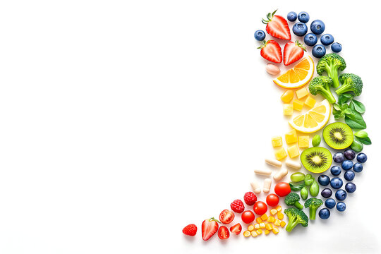 Colorful fruits vegetables and vitamins border with copy space on white
