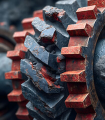 Macro view of damaged industrial metal gears with cracked steel texture, worn red paint, heavy corrosion and rugged mechanical surfaces in a gritty engineering environment
