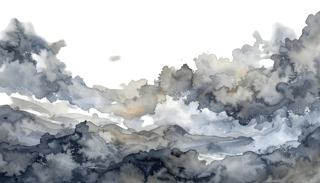 Watercolor painting depicting a dramatic skyscape of stormy clouds