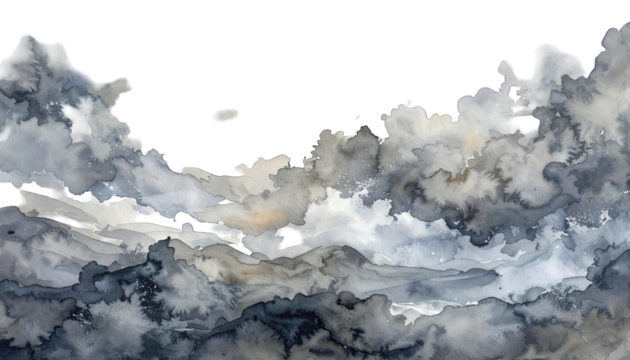 Watercolor painting depicting a dramatic skyscape of stormy clouds