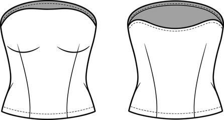 Strapless top sketch with princess seams, bust darts, flared hem, front and back view, CAD vector fashion template